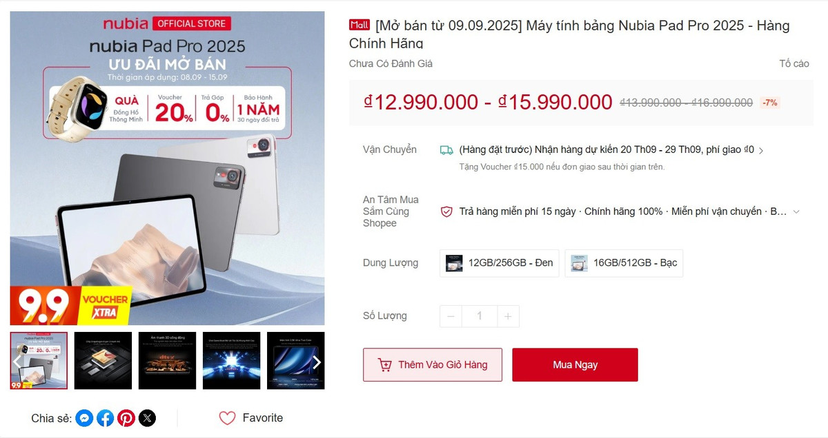 Tại Việt Nam, nubia Pad Pro được mở bán với giá 12,99 triệu đồng cho bản 12 GB RAM + 256 GB bộ nhớ trong và 15,99 triệu đồng cho bản 16 GB RAM + 512 GB bộ nhớ trong.