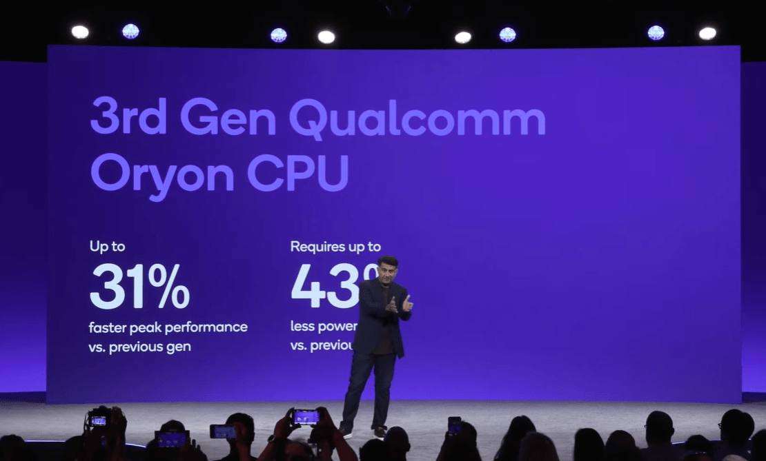 Tuyên bố này đương nhiên cũng có những cơ sở của riêng Qualcomm. Công ty tuyên bố chip 3nm của họ cung cấp hiệu năng CPU nhanh hơn tới 31% so với Snapdragon X Elite thế hệ trước ở cùng mức công suất, hoặc có thể tiêu thụ ít hơn 43% công suất, và hiệu năng GPU trên mỗi watt cao hơn tới 2,3 lần (không phải là sự gia tăng hiệu năng thuần túy) nhờ GPU 1,85 GHz mới.