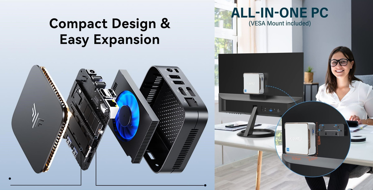 Tùy chọn giá đỡ VESA đi kèm với Kamrui Intel N97, cho phép bạn gắn chính chiếc mini PC lên mặt sau của màn hình hoặc thậm chí là màn hình HDTV lớn nếu bạn muốn. Toàn bộ dây cáp và kết nối đều có thể được giấu kín phía sau màn hình, vì Kamrui Intel N97 chỉ có kích thước 4 inch vuông và dày hơn 1,5 inch một chút.