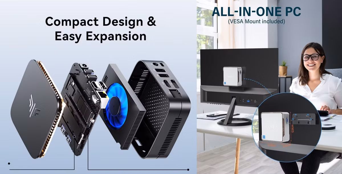 Tùy chọn giá đỡ VESA đi kèm với Kamrui Intel N97, cho phép bạn gắn chính chiếc mini PC lên mặt sau của màn hình hoặc thậm chí là màn hình HDTV lớn nếu bạn muốn. Toàn bộ dây cáp và kết nối đều có thể được giấu kín phía sau màn hình, vì Kamrui Intel N97 chỉ có kích thước 4 inch vuông và dày hơn 1,5 inch một chút.