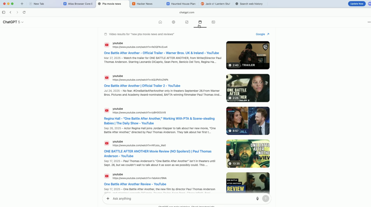 Các truy vấn internet trong thanh URL có thể mặc định sử dụng công cụ tìm kiếm của ChatGPT, tổ chức kết quả theo các danh mục bao gồm văn bản, hình ảnh, video và bài báo. Trang chủ ChatGPT Atlas cũng được thiết kế với công cụ đề xuất sẽ trình bày các trang web và nội dung dựa trên thói quen duyệt web của bạn.