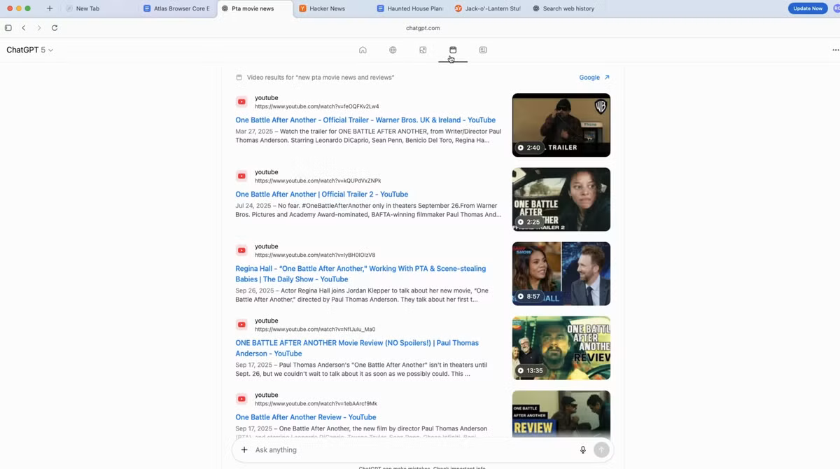 Các truy vấn internet trong thanh URL có thể mặc định sử dụng công cụ tìm kiếm của ChatGPT, tổ chức kết quả theo các danh mục bao gồm văn bản, hình ảnh, video và bài báo. Trang chủ ChatGPT Atlas cũng được thiết kế với công cụ đề xuất sẽ trình bày các trang web và nội dung dựa trên thói quen duyệt web của bạn.