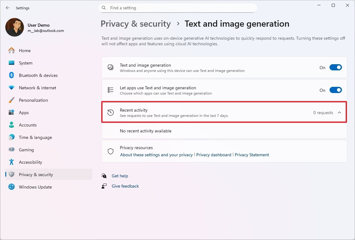 Microsoft cũng đang thêm tùy chọn "Hoạt động gần đây" để ghi lại các yêu cầu gần đây nhằm sử dụng tính năng tạo văn bản và hình ảnh bằng AI từ các ứng dụng của bên thứ ba. Bạn có thể tìm thấy tùy chọn mới này trong Cài đặt &gt; Quyền riêng tư &amp; bảo mật &gt; Tạo văn bản và hình ảnh .