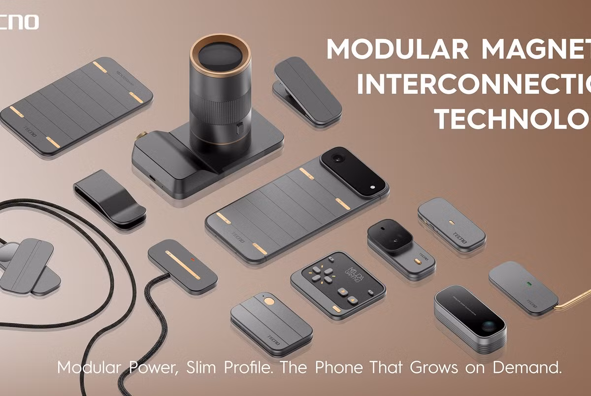 Ở phiên bản màu đen, có ther thấy rõ thiết bị có 8 “vùng” ở mặt lưng để gắn phụ kiện bằng nam châm. Tecno trình diễn nhiều mô-đun khác nhau, từ camera, âm thanh cho đến pin mở rộng.