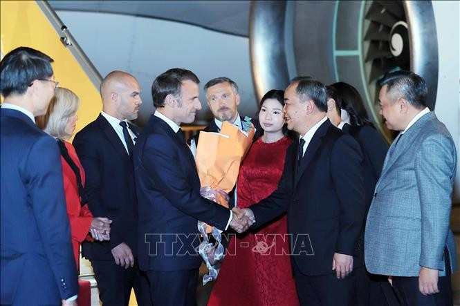 Chủ nhiệm Văn phòng Chủ tịch nước Lê Khánh Hải đón Tổng thống Cộng hòa Pháp Emmanuel Macron và Phu nhân tại Sân bay quốc tế Nội Bài. Ảnh: An Đăng/TTXVN