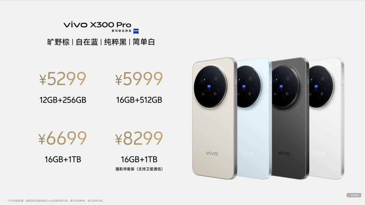Giá bán tại Trung Quốc của vivo X300 Pro khởi điểm từ 5.299 tệ (khoảng 19,6 triệu đồng) cho bản 12 GB - 256 GB, 5.999 tệ (khoảng 22,2 triệu đồng) cho bản 16 GB - 512 GB và 6.699 tệ (khoảng 24,7 triệu đồng) cho bản 16 GB - 1 TB.