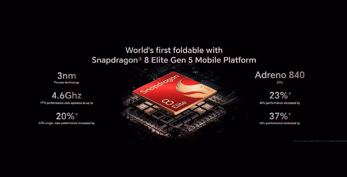 Máy sử dụng vi xử lý Snapdragon 8 Elite Gen 5 của Qualcomm, đi kèm RAM 16GB và bộ nhớ trong 512GB.