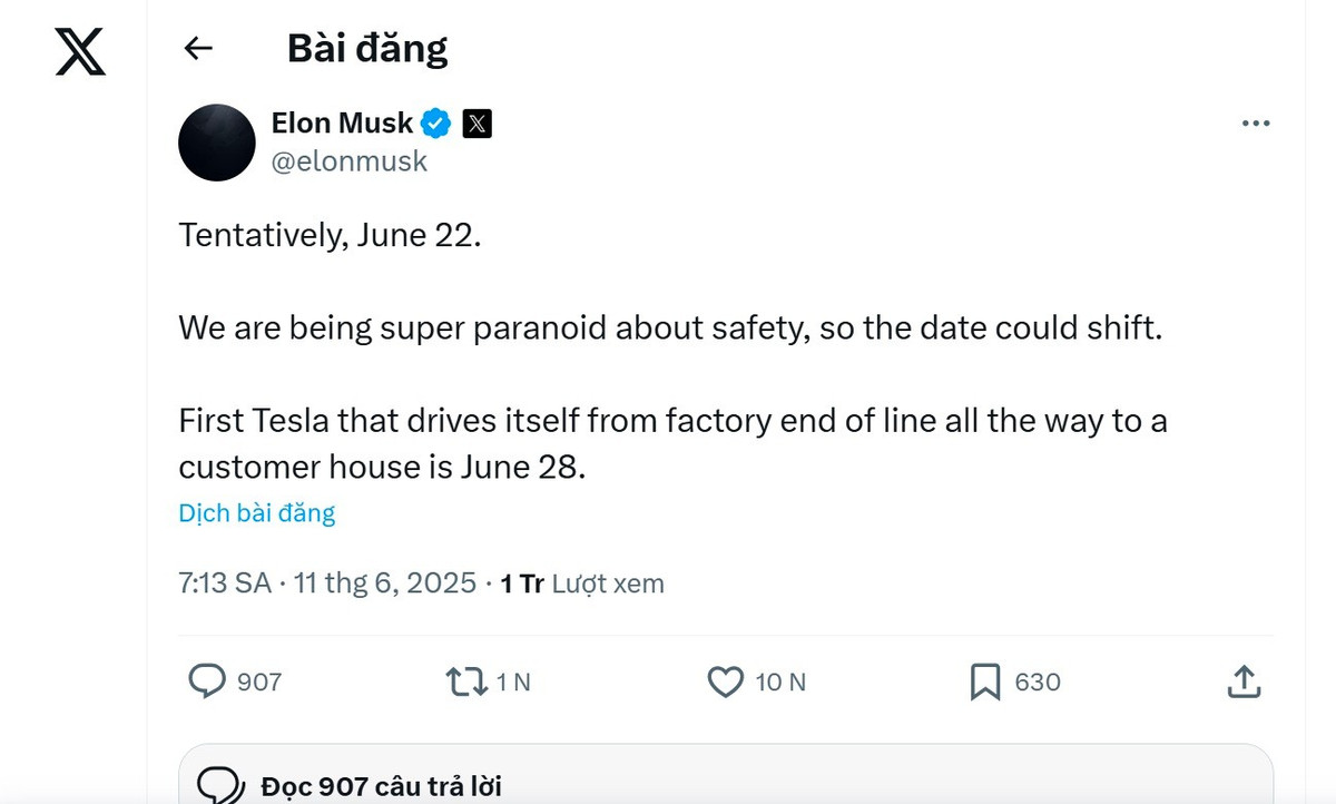 Bài đăng của Elon Musk đăng tải thông tin trên mạng xã hội X. Ảnh: Tuệ Minh elon.jpg