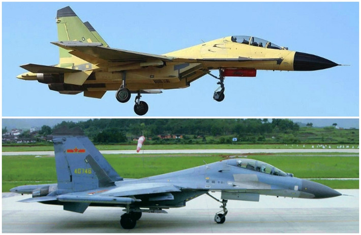 So sánh về hình dạng bên ngoài giữa J-11BS (trên) và Su-27UBK (dưới)