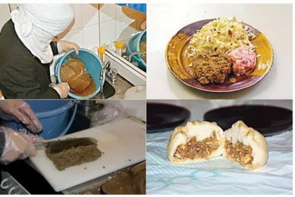 Nhân bánh bao giả từ bìa cát tông. Với việc nguyên liệu thịt nguyên chất phải nhập về với giá thành không rẻ chút nào, các xưởng sản xuất bánh bao ở Trung Quốc đã không ngần ngại nghĩ tới việc thay thế thịt bằng “bìa các tông”. Bằng việc ngâm qua một lượt với xút ăn da, băm nhỏ ra và tẩm ướp các loại gia vị cùng với hương liệu thịt, các “tấm bìa các tông” đã thay thế thịt lợn một cách hoàn hảo đến bất ngờ.
