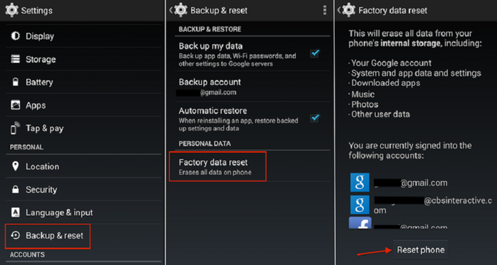 Bước 2: Reset máy. Chọn backup and reset trên thanh Setting rồi nhấn chọn Factory data reset, sau đó ấn nút Reset phone.