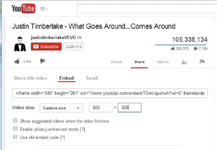 Thông thường, Youtube sẽ tự sinh mã nhúng để đưa video lên website của bạn. Tuy nhiên, bạn có thể tự mình làm bằng cách nhấn nút “Share” ở dưới video, chọn “Embeded” và chọn kích thước tùy ý trong trường “Video size:”.
