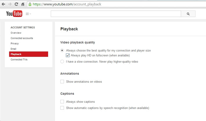 Nếu bạn muốn cài đặt chất lượng mặc định cho video trên Youtube, chỉ cần vào youtube.com/account_playback khi đăng nhập vào một trong hai tài khoản Google hoặc YouTube của bạn. Tại đây, bạn có thể thay đổi mặc định luôn luôn xem chất lượng tốt nhất cho kết nối của bạn.