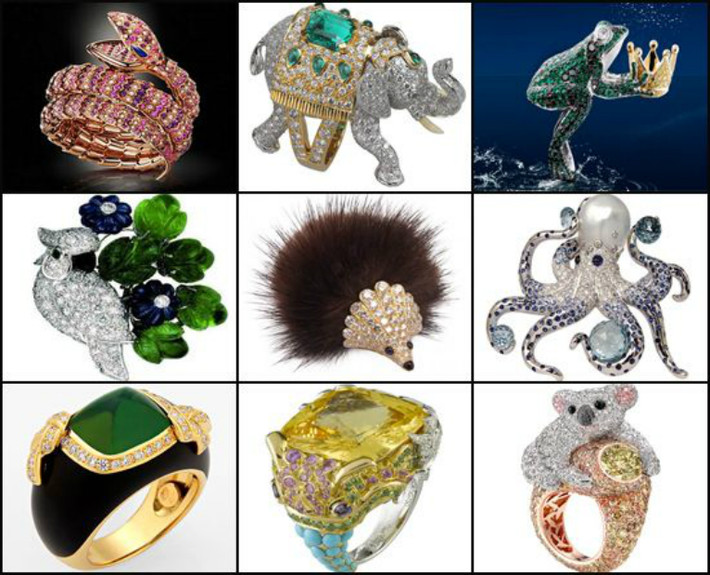 Bên cạnh những bộ đồ trang sức trên, các hãng cũng đua nhau tung ra những mẫu thiết kế với các hình con vật khác nhau để hút sự chú ý của giới lắm tiền nhiều của.