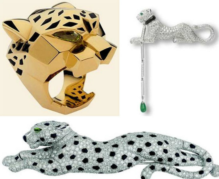 Nhãn hiệu trang sức Cartier ban đầu được biết đến với chiếc vòng tay hình con báo được trang trí bằng hồng ngọc, ngọc bích, kim cương và ngọc lục bảo. Siêu phẩm này từng thuộc sở hữu của nữ công tước xứ Windsor Wallis Spencer. Ngay sau đó, thương hiệu lại tiếp tục cho ra mắt bộ sưu tập của nhà thiết kế Panthère de Cartierbao gồm nhẫn, vòng đeo tay, bông tai và nhiều tác phẩm khác hình con báo. Hầu hết các bộ đồ trang sức này được làm từ vàng chất lượng tốt nhất, kim cương, hồng ngọc và ngọc bích.