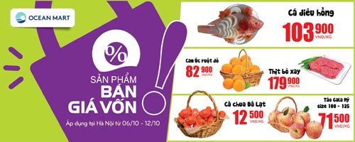 Chương trình khuyến mãi "Bán giá vốn 0%" áp dụng cho mặt hàng thực phẩm tươi sống.