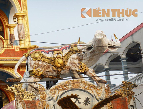 Chủ nhân của ngôi nhà đã cho dựng hình ảnh một con trâu mặc áo giáp đồng như một chiến binh ở trước cổng. Theo anh, hình tượng con vật này có ý nghĩa mang lại cuộc sống ấm no, hạnh phúc cho gia chủ.