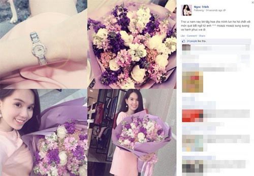 Người mẫu Ngọc Trinh đã phải thốt lên hạnh phúc khi được một đại gia tặng hoa và một chiếc đồng hồ hàng hiệu xa xỉ.