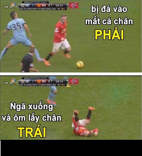 Trong trận Derby thành Manchester vừa qua, tiền đạo Wayner Rooney của MU (áo đỏ) đã có một pha ăn vạ quá lố. Anh bị phạm lỗi ở chân phải nhưng khi ngã xuống " Gã Shrek" lại ôm chân trái. Ảnh: Bongdaso.