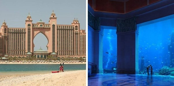 Atlantis (Dubai) là khu nghỉ dưỡng với chi phí xây dựng lên tới 800 triệu bảng trên đảo cọ nhân tạo nổi tiếng của Dubai. Khu nghỉ dưỡng Atlantis sở hữu diện tích 45ha này có bể sinh vật cảnh ngoài trời với 65.000 chú cá.