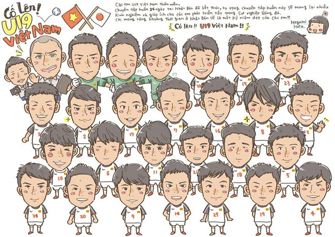 Hơn nữa là họ còn bỏ ra rất nhiều thời gian để vẽ tranh manga, chibi (dạng vẽ hoạt hình) để tặng thần tượng của mình. Bức tranh trên là tác phẩm của nữ phóng viên người Nhật Megumi Hata, vẽ tặng U19 Việt Nam.