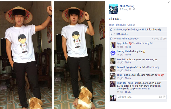 Minh Vương khi về đến nhà đã lấy ngay chiếc nón của mẹ mình đội lên đầu và chụp ảnh với dòng tâm sự vui vẻ: "Về đi cấy".