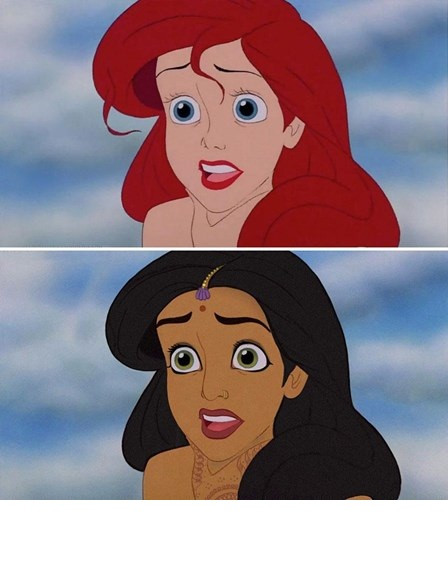 Bộ tranh chế lại này cũng là sản phẩm của Adam Ellis, một blogger và là họa sĩ vẽ tranh minh họa. Vào năm ngoái, Adam Ellis từng tung ra bộ ảnh khi các nàng công chúa Disney mang râu, được đông đảo cư dân mạng đón nhận. Lần này, nhằm ủng hộ những nỗ lực chống phân biệt màu da, chủng tộc. Adam Ellis cho ra đời bộ ảnh hay ho này và được cư dân mạng chào đón. Trong ảnh là nàng tiên cá xinh đẹp Ariel bỗng chốc hóa thân thành cô gái Ấn Độ đầy bí ẩn.