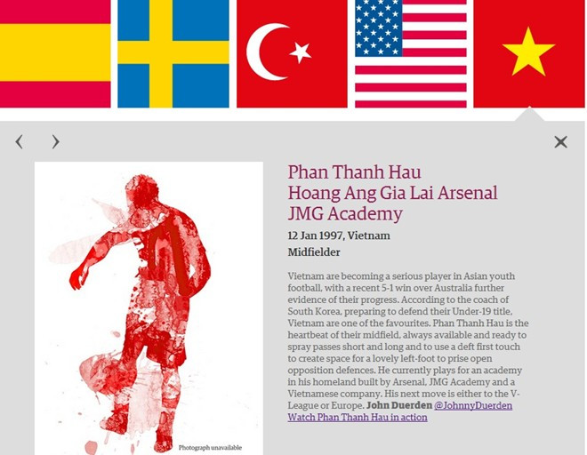 U19 VN cũng đóng góp thêm một cầu thủ nữa đó là trung vệ Phan Thanh Hậu, khi anh có màn trình diễn khá tốt trong các trận đấu của U19 VN tại các giải đấu vừa qua. Ảnh: The Guardian.