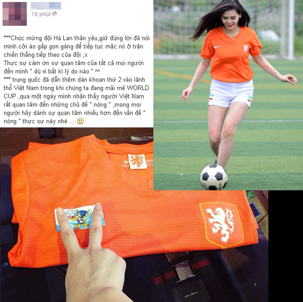Trào lưu cá cược, hứa hẹn này lôi kéo được cả những cô nàng hot girl xinh xắn trên mạng. Cô bạn có nickname T.M này đã đăng status (dòng trạng thái cá cược cho đội Hà Lan, nếu Hà Lan thắng cô nàng sẽ cởi áo và đăng lên Facebook cá nhân.