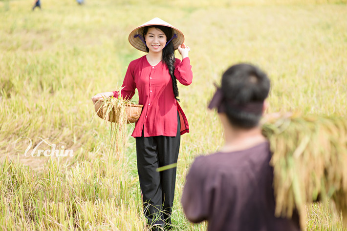 Rồi một lần về quê cô dâu tại Yên Bái, đi qua cánh đồng vàng óng nơi đó có những người đang gặt lúa ngày mùa thì cặp đôi này đã nảy sinh ý tưởng dùng hình ảnh người nông dân để đưa vào bộ ảnh cưới của mình.