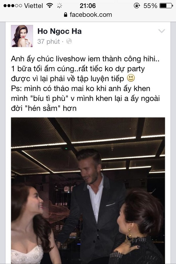 Và Hồ Ngọc Hà "sướng rơn" khi đăng tải trên mạng xã hội tấm hình chụp chung với Beck và không ngớt lời khen phong độ của cựu cầu thủ 39 tuổi này.