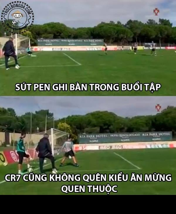 Trở về Bồ Đào Nha, Cristiano Ronaldo vẫn giữ được thói quen khi ở Real Madrid là ăn mừng sau khi ghi bàn thắng nhưng lần này không phải ở một trận đấu chính thức mà chỉ là ở sân tập.
