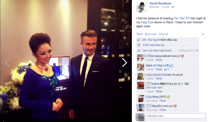 Người được sánh bước cùng với David Beckham trong lần cầu thủ này trở lại Việt Nam là ca sĩ Tóc Tiên. Sau khi gặp Tóc Tiên, Beckham đã khoe ngay ảnh trên trang cá nhân của mình.