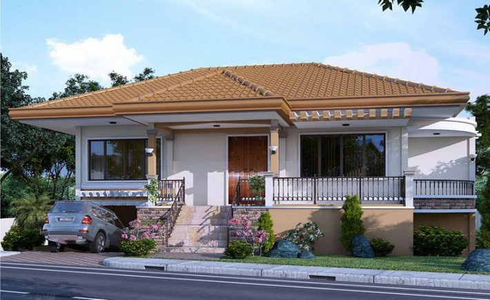 Mẫu nhà này được xây dựng theo phong cách châu Âu với bậc thang lên cửa chính cao được trang trí hoa. Hàng rào thấp xung quanh nhà giúp làm tăng thêm phần đẹp mắt cho ngôi nhà. Đặc biệt, ngôi nhà có tầng hầm để xe giúp tiết kiệm diện tích xây dựng.