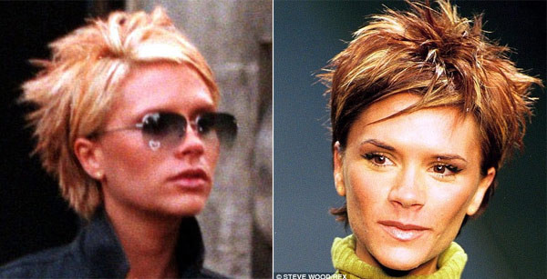 Năm 2000, Posh Spice lại gây chú ý bằng cách nhuộm mái tóc ngắn màu vàng hoe (trái). Trong lần catwalk đầu tiên trên sàn diễn thời trang năm 2000, Vic tạo kiểu tóc thật bụi bặm.