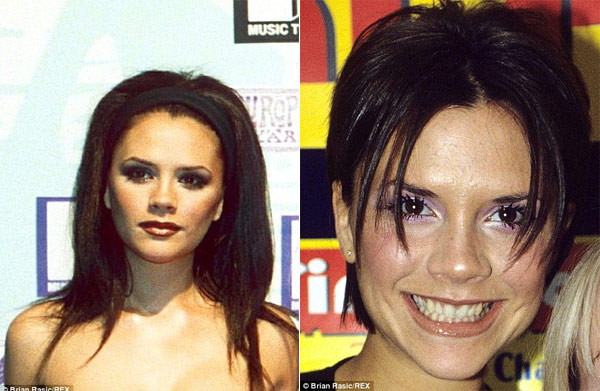 Trong lễ trao giải MTV Music Awards năm 1997, cô nối tóc dài hơn để tạo sự khác biệt (trái). Năm 1998, thời điểm vừa đính hôn và mang thai Brooklyn, bà Beck cắt tóc ngắn với phần mái rũ dài hai bên.