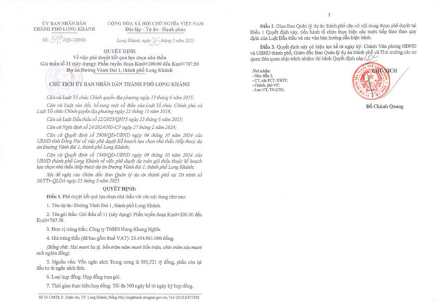 Quyết định 373/QĐ-UBND, ngày 26/3/2025 của UBND Thành phố Long Khánh phê duyệt cho Công ty TNHH Hưng Khang Nghĩa trúng thầu (Nguồn MSC) dong-nai-cty-hung-khang-nghia-trung-2-goi-thau-hon-192-ty-trong-mot-ngay.jpg