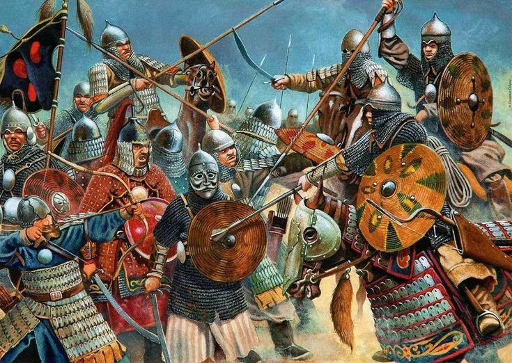 Konfrontation zwischen Islam und Byzanz. Die muslimische Armee der Rashidun unter dem Kommando von Khalid ibn al-Walid stellte sich den mächtigen Streitkräften des Byzantinischen Reiches entgegen. Foto: Pinterest. Đối đầu giữa Hồi giáo và Byzantine. Quân Hồi giáo Rashidun dưới sự chỉ huy của Khalid ibn al-Walid đối đầu với lực lượng hùng hậu của đế chế Byzantine. Ảnh: Pinterest.