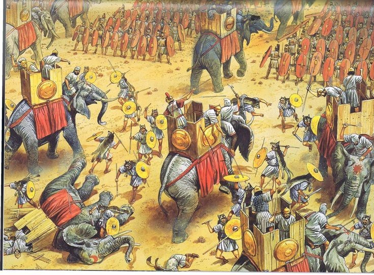 6. Quân đội La Mã tổ chức đội hình chống voi rất thông minh. Scipio bố trí quân theo hàng dọc với các khoảng trống lớn ở giữa, tạo lối đi cho voi chiến lao qua mà không phá vỡ đội hình chính. Ảnh: Pinterest. 6. Quân đội La Mã tổ chức đội hình chống voi rất thông minh. Scipio bố trí quân theo hàng dọc với các khoảng trống lớn ở giữa, tạo lối đi cho voi chiến lao qua mà không phá vỡ đội hình chính. Ảnh: Pinterest.