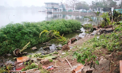 Hồ Tây ngập rác thải sau khi nhà nổi bị cưỡng chế di dời