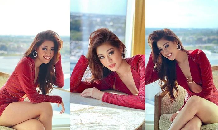 Khánh Vân diện váy xẻ ngực sâu táo bạo tại Miss Universe