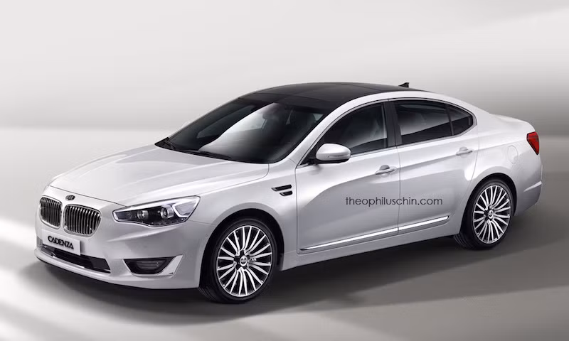 Những hình ảnh đồ họa vui nhộn dưới đây biến những chiếc Kia "bình dân" bỗng chốc sang trọng hơn hẳn khi kết hợp lưới tản nhiệt được bê nguyên xi từ BMW sang. Những mẫu như Cadenza, Carens, K9, Sorento có thể làm người khác "giật mình" vì nó quá giống xe "Bi Em". Ảnh: Kia Cadenza.