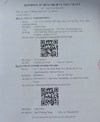 Bản hợp đồng "lạ" giao dịch bằng Bitcoin giữa Công ty Hiệp Đồng và Công ty So sánh Việt Nam, có chứa mã QR Code và địa chỉ Bitcoin 2 bên.