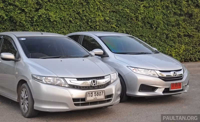 Đầu xe City 2014 (xe phải) nhìn thanh thoát và thon gọn hơn thế hệ cũ (xe trái).
