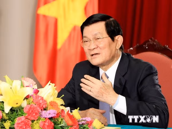 Chủ tịch nước Trương Tấn Sang trả lời phỏng vấn của TTXVN về việc Trung Quốc hạ đặt trái phép giàn khoan Hải Dương-981 vào vùng đặc quyền kinh tế và thềm lục địa của Việt Nam. Ảnh: TTXVN.