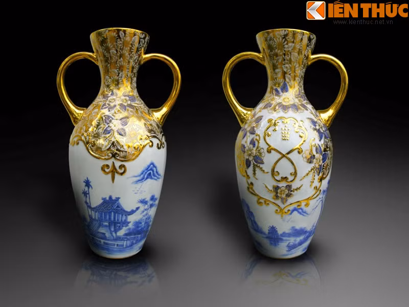 Có những chiếc bình, chiếc lọ lớn được sản xuất tại xưởng có giá hơn 1 tỷ đồng/cặp hoặc vài trăm triệu đồng/cặp. Trong ảnh là cặp lọ 2 tai chạm nổi với phong cảnh Hà Nội rất phong cách.