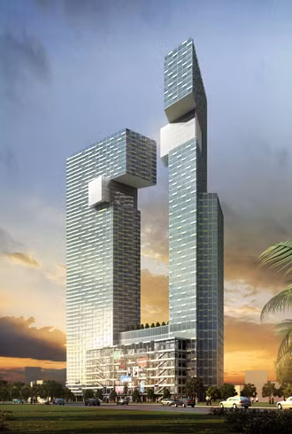 Tòa tháp đôi The One do tập đoàn Bitexco làm chủ đầu tư tọa lạc trên diện tích 8.600 m2 tại "khu đất vàng" Phạm Ngũ Lão - Phó Đức Chính - Lê Thị Hồng Gấm - Calmette (phường Nguyễn Thái Bình, quận 1, TP HCM).