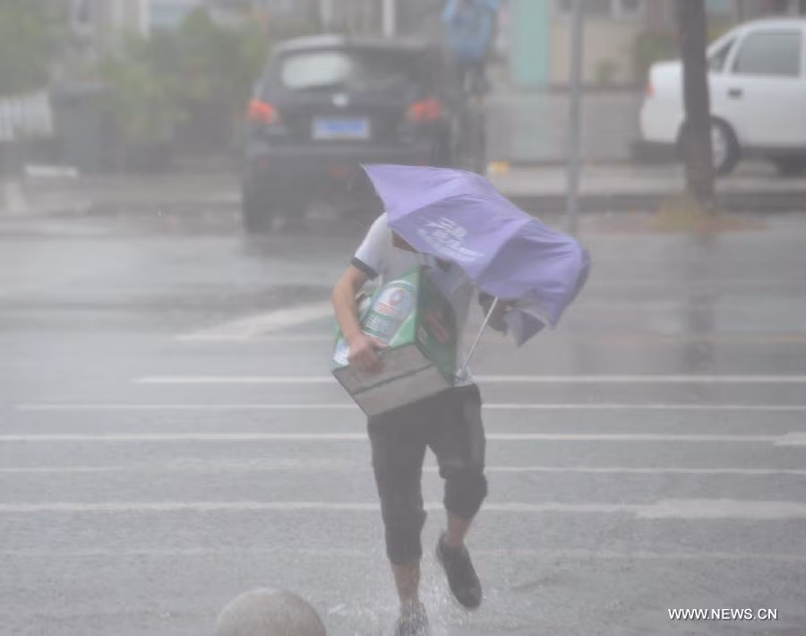 Một người dân Tam Á khó nhọc đi mua thực phẩm dự trữ trong mưa bão.