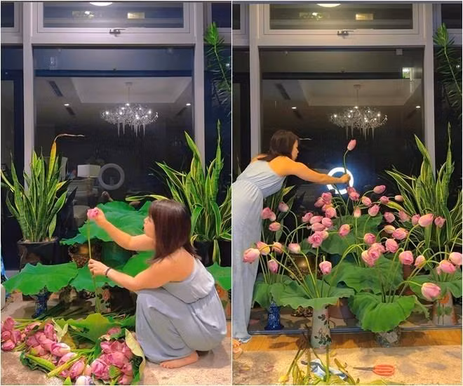 Nhìn những bình hoa sen ngọt ngào được trưng như cả một khu vườn trong nhà Phương Phạm, ai cũng phải khen cô khéo tay. MC Đan Lê đã thốt lên: "Ôi dồi ôi, đầu tư dã man!".