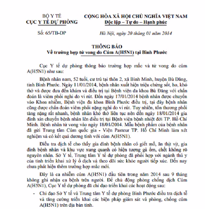 Thông báo về trường hợp tử vong đầu tiên do cúm A (H5N1) được Cục Y tế dự phòng phát đi.